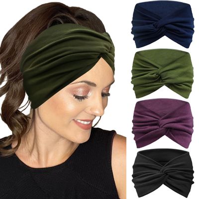 IVARYSS Extra Wide Headbands for Women Non-Slip, 7&#39;&#39; Large Twist Knotted Stretchy Wraps Head Bands Hair Accessories, 4 Pack, Solid Color