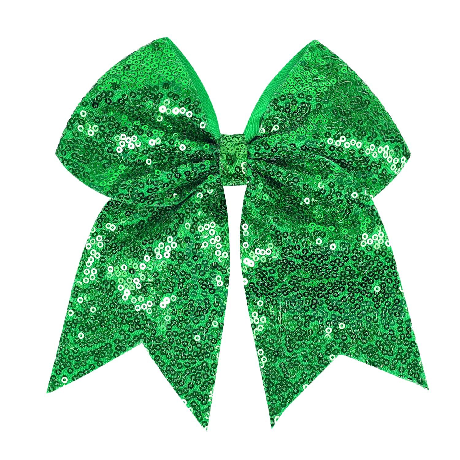 Jumbo Glitter Cheer Bow Clip - 7 Inch Large Cheerleading Sequin Hair Bow with Tails for Girls Teen Softball Cheerleader Outfit Uniform (Green)