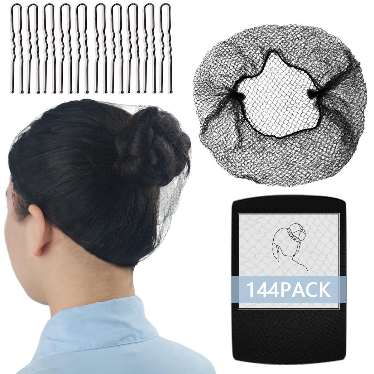 144Pcs Hair Net - 24 inches Invisible Nylon Hair Nets - Perfect for Hair Bun, Ballet Dancer, &amp; Kitchen Food Servic (Black)