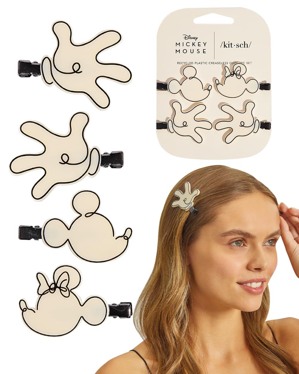 Kitsch Mickey/Minnie Creaseless Hair Clips - Stylish Makeup Hair Clips, Women&#39;s Hair Accessories, Ideal for Skincare Routine and Hairstyling (Cream) - 4 Pieces