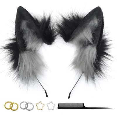 GaliaFaya Cat Wolf Fox Dog Ears Headband Handmade Faux fur Cosplay Halloween Costume Party (Black+Grey)