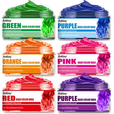 6 Pack Hair Color Wax, Temporary Natural Hair Coloring Mud for Men, Women, Kids - Daily, Party, Cosplay, Halloween DIY (Green, Orange, Pink, Purple, Red, Blue)