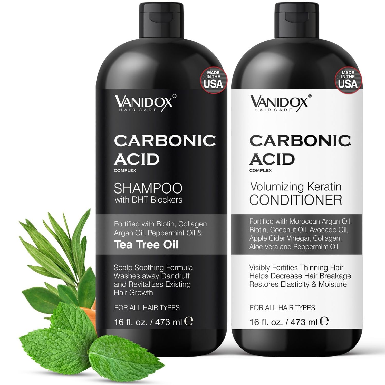 VANIDOX Carbonic Acid Shampoo and Conditioner for Men and Women, Deep Moisturizing Conditioner, Thickens, Softens, &amp; Smooths Set for Hair Growth and Repair, Made in USA - 16 Fl Oz Each