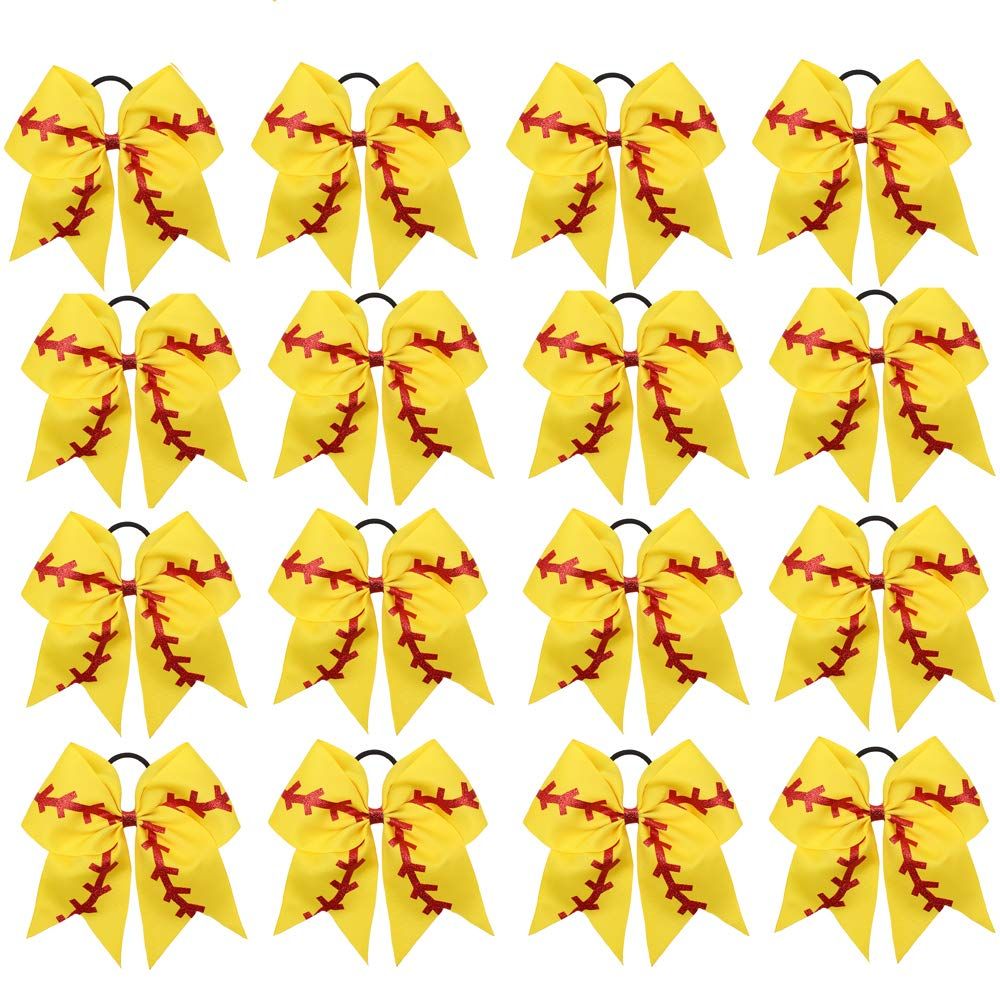 16PCS 8&quot; Large Cheer Hair Bows Ponytail Holder Elastic Band Handmade for Cheerleading Teen Girls College Sports (16 Pcs) (Baseball Yellow)