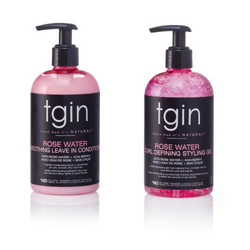 tgin Rose Water Smoothing Leave-In Conditioner &amp; Rose Water Defining Styling Gel for Curly, Coily and Wavy Hair, Lightweight Moisture and Curl Definition, 13 oz (Set)