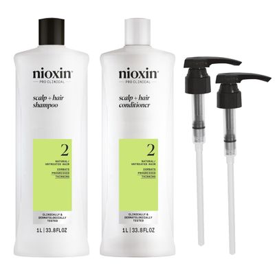 Nioxin System 2 Shampoo &amp; Conditioner Prepack, Natural Treated Hair with Progressed Thinning, Pumps Included, 33.8 fl oz (Packaging May Vary)