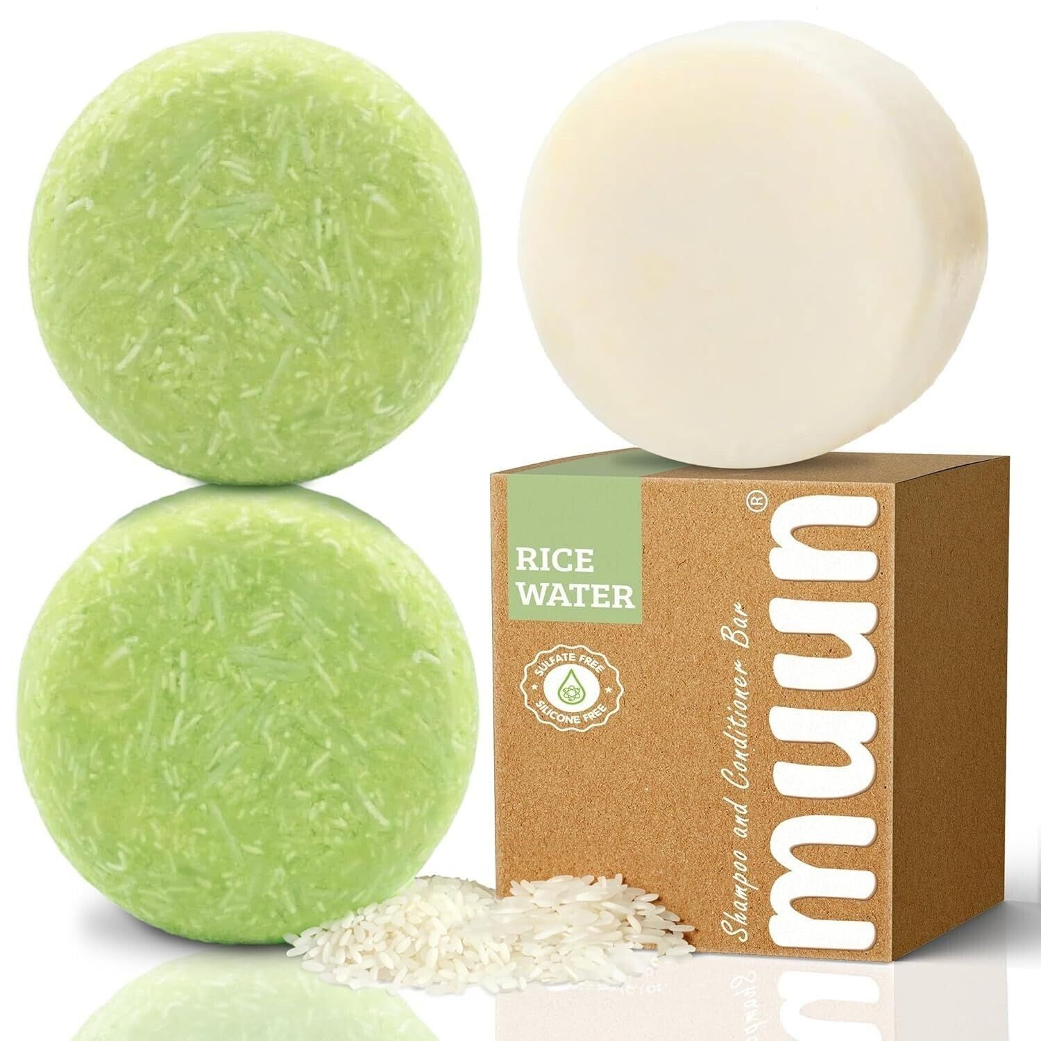 Muun Rice Water Shampoo and Conditioner Bar Pack 3 - Hair Growth, Thickening, Strengthening, Anti Hair Loss, Volumize &amp; pH Balanced - Sulfate &amp; Silicone Free For All Hair Type