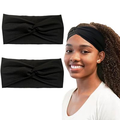 Hjiaruiky 2Pcs Turban Headbands for Women Boho Stretchy Fashion Headbands Fabric Twist Knotted Cloth Cute Thick Headband Head Wraps for Womens Girls Black
