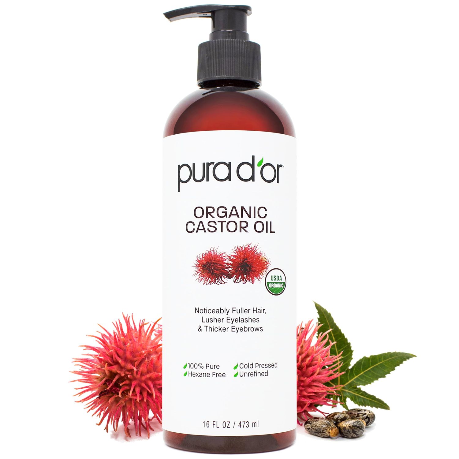PURA D&#39;OR 16 Oz ORGANIC Castor Oil - 100% Pure USDA Certified Cold Pressed, Hexane Free Eyelash &amp; Eyebrow Serum - For Fuller, Thicker Lashes &amp; Brows - Skin &amp; Hair Moisturizer - Bulk Size