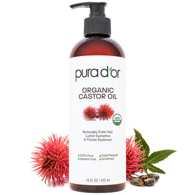 PURA D&#39;OR 16 Oz ORGANIC Castor Oil - 100% Pure USDA Certified Cold Pressed, Hexane Free Eyelash &amp; Eyebrow Serum - For Fuller, Thicker Lashes &amp; Brows - Skin &amp; Hair Moisturizer - Bulk Size