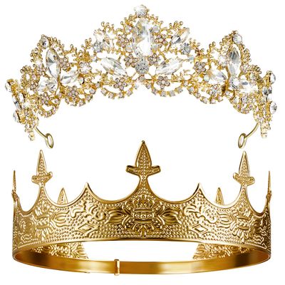 Sureio 2 Pcs Antique Royal King Crown for Men Baroque Queen Crown for Crystal Tiara Prom Cosplay Birthday Wedding Party Hair Headband Accessories(Elegant Style)