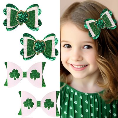 4 Pcs St. Patrick&#39;s Day Hair Clips Bow Hair Accessories Cute Clover Pattern Glitter Sparkly Hair Barrettes Holiday Headdress Hairpin for Girls Women Kids Party Cosplay Gift