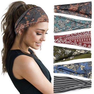 Huachi Boho Headbands - Wide Non-Slip Hair Accessories for Women&#39;s Yoga, Workout and Summer, 6 Pack