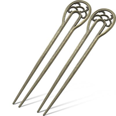 2 Pieces Nordic Classical Metal U Shaped Hairpin Vintage Hair Sticks Hair Fork Pins 2 Prong Updo Chignon Pins Accessory for Women Hairstyles