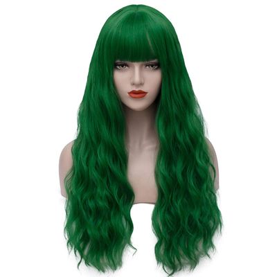 Juziviee Green Wigs for Women 26&#39;&#39; Long Green Wig with Bangs Curly Wavy Cute Synthetic Soft Hair Wigs for St Patrick&#39;s Party AD002GR