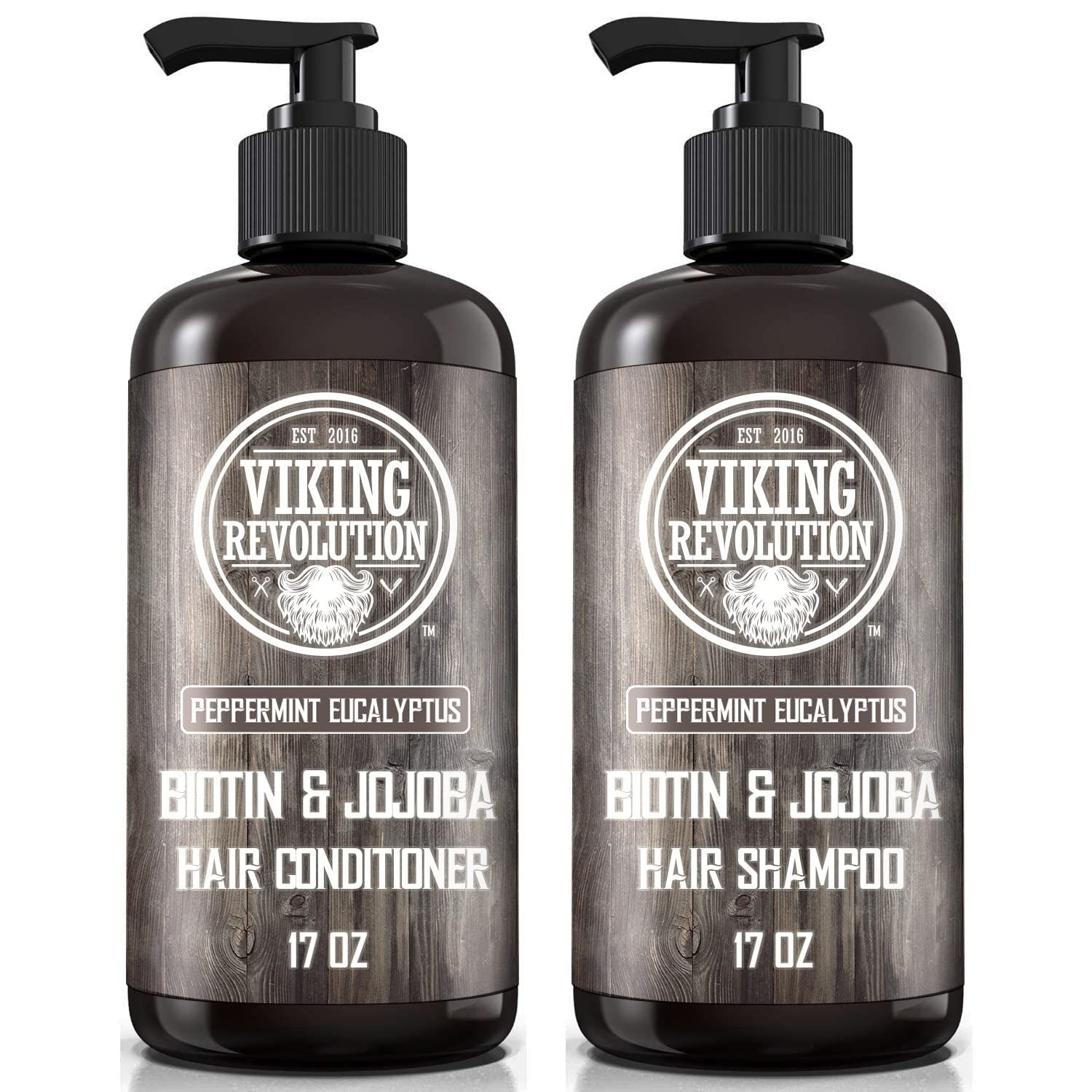 Viking Revolution Biotin Mens Shampoo and Conditioner Set - Eucalyptus Shampoo and Conditioner Set with Jojoba Oil and Mint Oil - Peppermint Oil Hair Conditioner for Men (17 Oz)