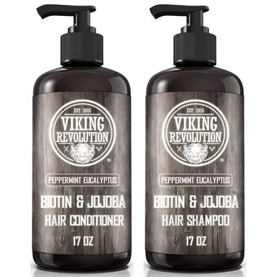 Viking Revolution Biotin Mens Shampoo and Conditioner Set - Eucalyptus Shampoo and Conditioner Set with Jojoba Oil and Mint Oil - Peppermint Oil Hair Conditioner for Men (17 Oz)