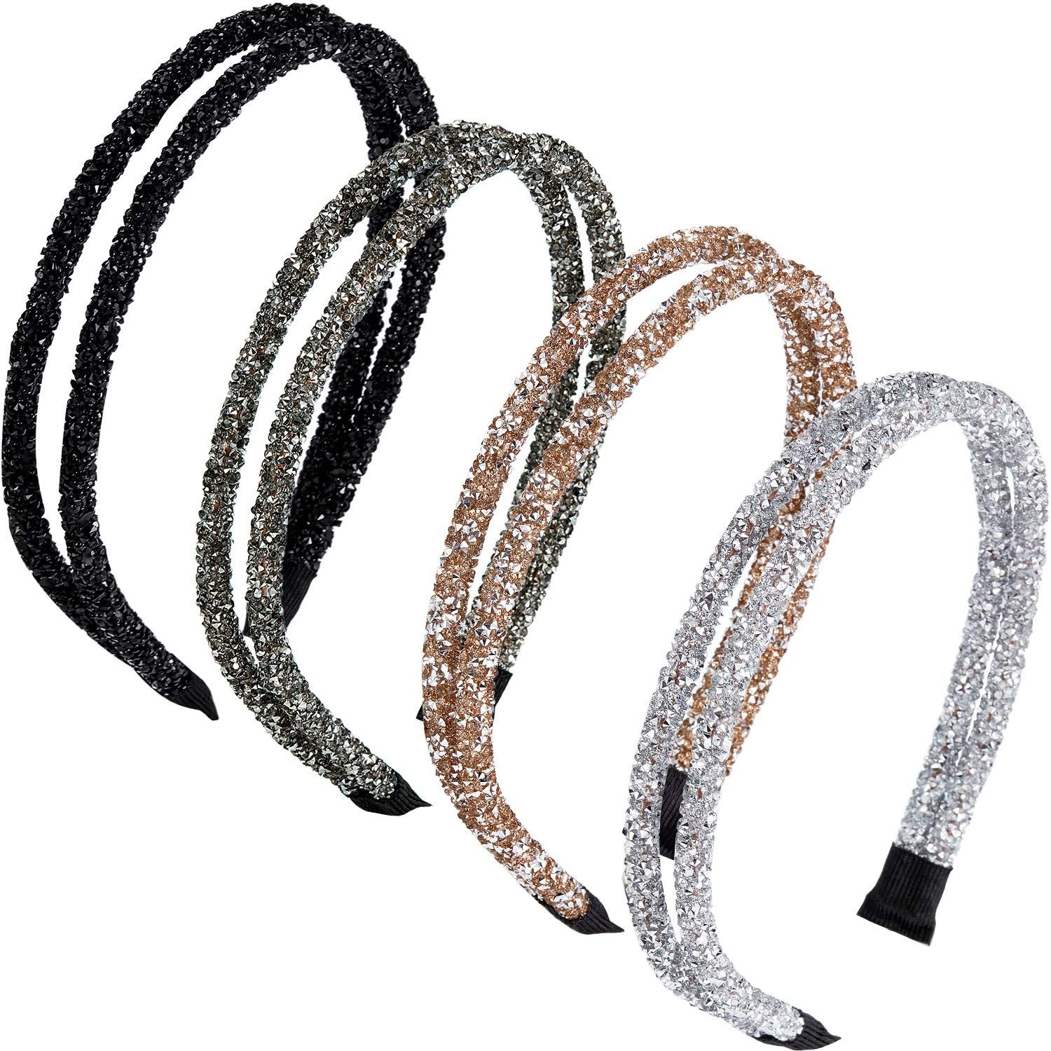 WILLBOND 4 Pieces Rhinestone Hair Band Double Crystal Side Band Imitation Diamond Crystal Hoop Headband Thin Headband for Women Girls Hair Accessory(Black, Grey, Silver, Champagne)