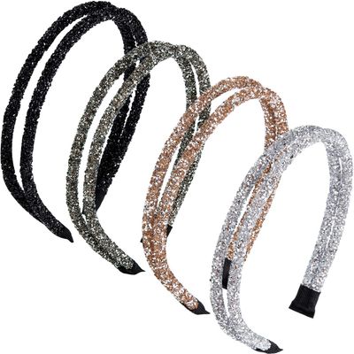WILLBOND 4 Pieces Rhinestone Hair Band Double Crystal Side Band Imitation Diamond Crystal Hoop Headband Thin Headband for Women Girls Hair Accessory(Black, Grey, Silver, Champagne)