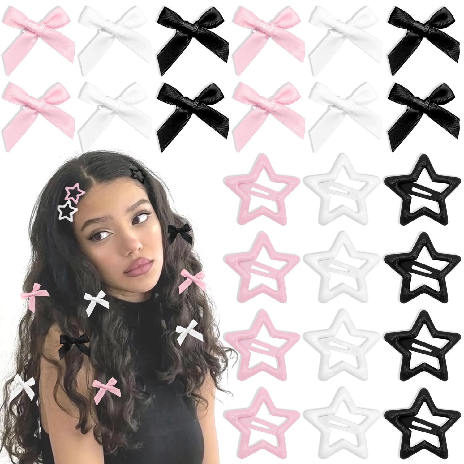 YAEISM 24PCS Bow Hair Clips 3 Colors Star Hair Clips Satin Mini Hair Bow Clips Y2K Star Barrettes Bowknot Star Metal Snap Hair Accessories for Women Girls, Black