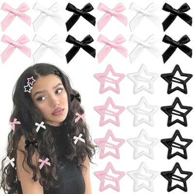 YAEISM 24PCS Bow Hair Clips 3 Colors Star Hair Clips Satin Mini Hair Bow Clips Y2K Star Barrettes Bowknot Star Metal Snap Hair Accessories for Women Girls, Black