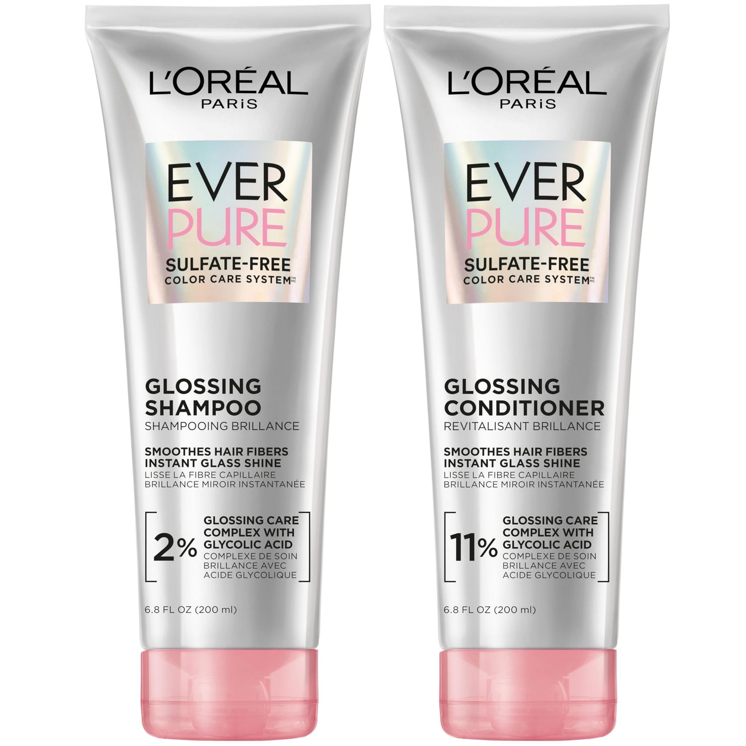 L&#39;Oreal Paris Glossing Sulfate Free Shampoo and Conditioner Set with Glycolic Acid, Hair Care for Lasting Shine and Smoothness for Dull, Dry Hair, EverPure, 1 Kit