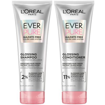 L&#39;Oreal Paris Glossing Sulfate Free Shampoo and Conditioner Set with Glycolic Acid, Hair Care for Lasting Shine and Smoothness for Dull, Dry Hair, EverPure, 1 Kit