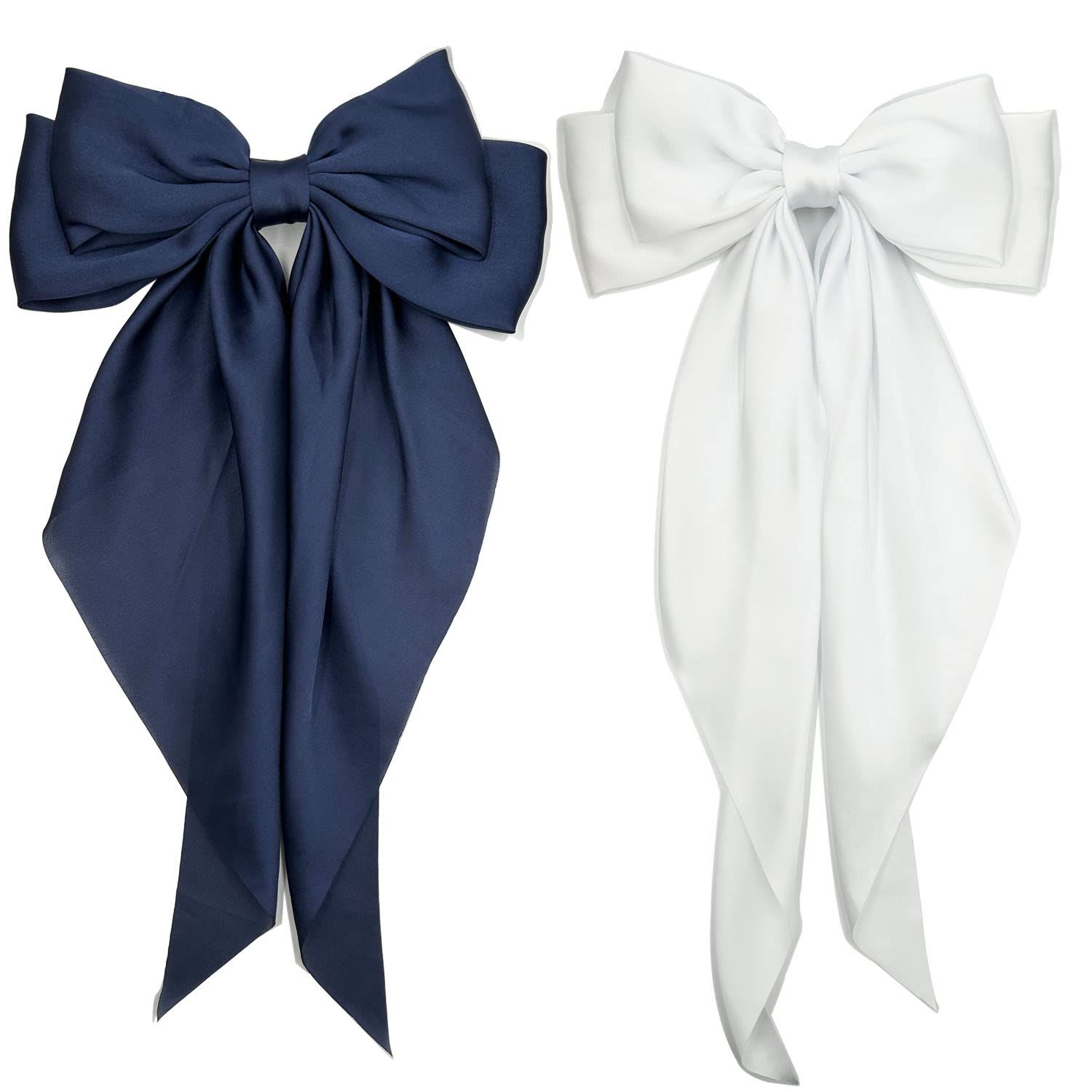 Satin Hair Barrettes Clip for Women Large Bow Hair Slides Metal Clips French Barrette Bowknot with Long Tail Silk Hair Bow Hairpin 90&#39;s Hair Accessories (White+Navy Blue)