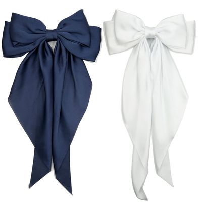 Satin Hair Barrettes Clip for Women Large Bow Hair Slides Metal Clips French Barrette Bowknot with Long Tail Silk Hair Bow Hairpin 90&#39;s Hair Accessories (White+Navy Blue)