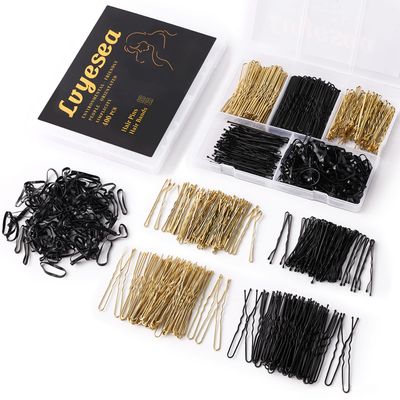 Lvyesea 400Pcs Hair Pins Kit, Including 100 U-Shaped Hair Pins 100 Bobby Pins and 200 Hair Rubber Bands with Storage Box for All Hair Types (Black, Gold)