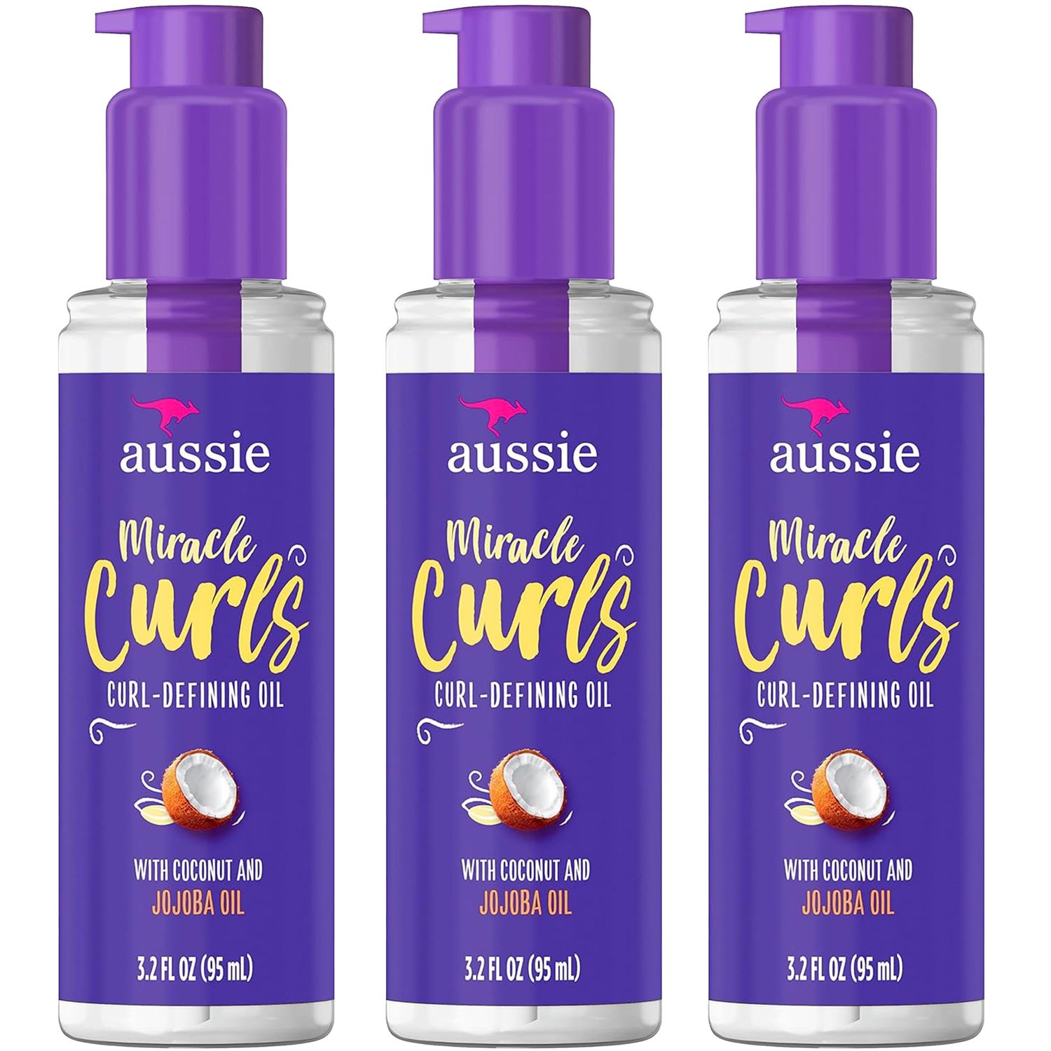 Aussie Miracle Curls Defining Oil Hair Treatment, 3 Pack, Coconut and Australian Jojoba Oil, For Dry, Curly, Kinky and Wavy Hair, Reduce Frizz and Add Shine, Paraben Free Formula, 3.2 oz Each