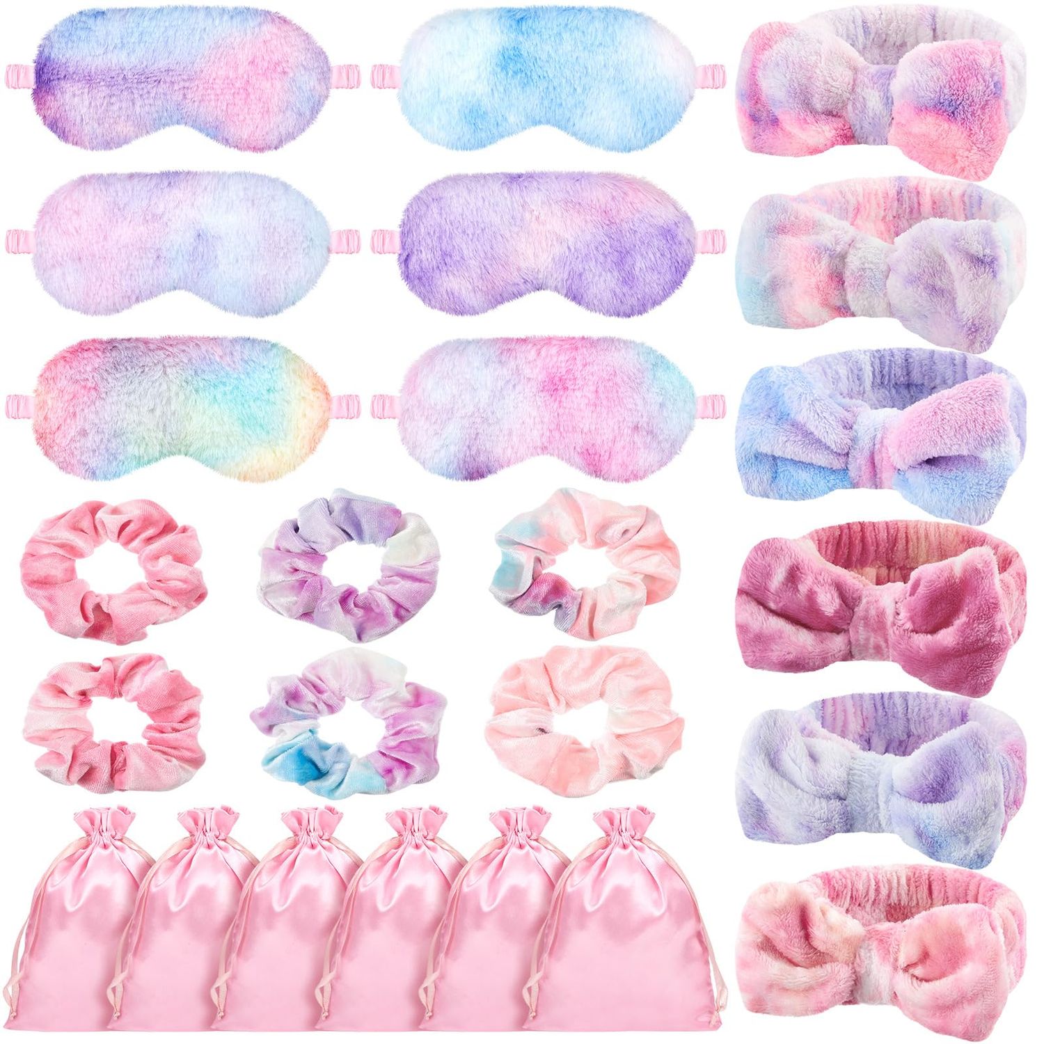 Wavwavw 24 Pcs Sleepover Supplies for Women Spa Headband Plush Eye Mask Bow Makeup Headbands Storage Bags Pajama Party Favors for Birthday Spa Bachelorette Party