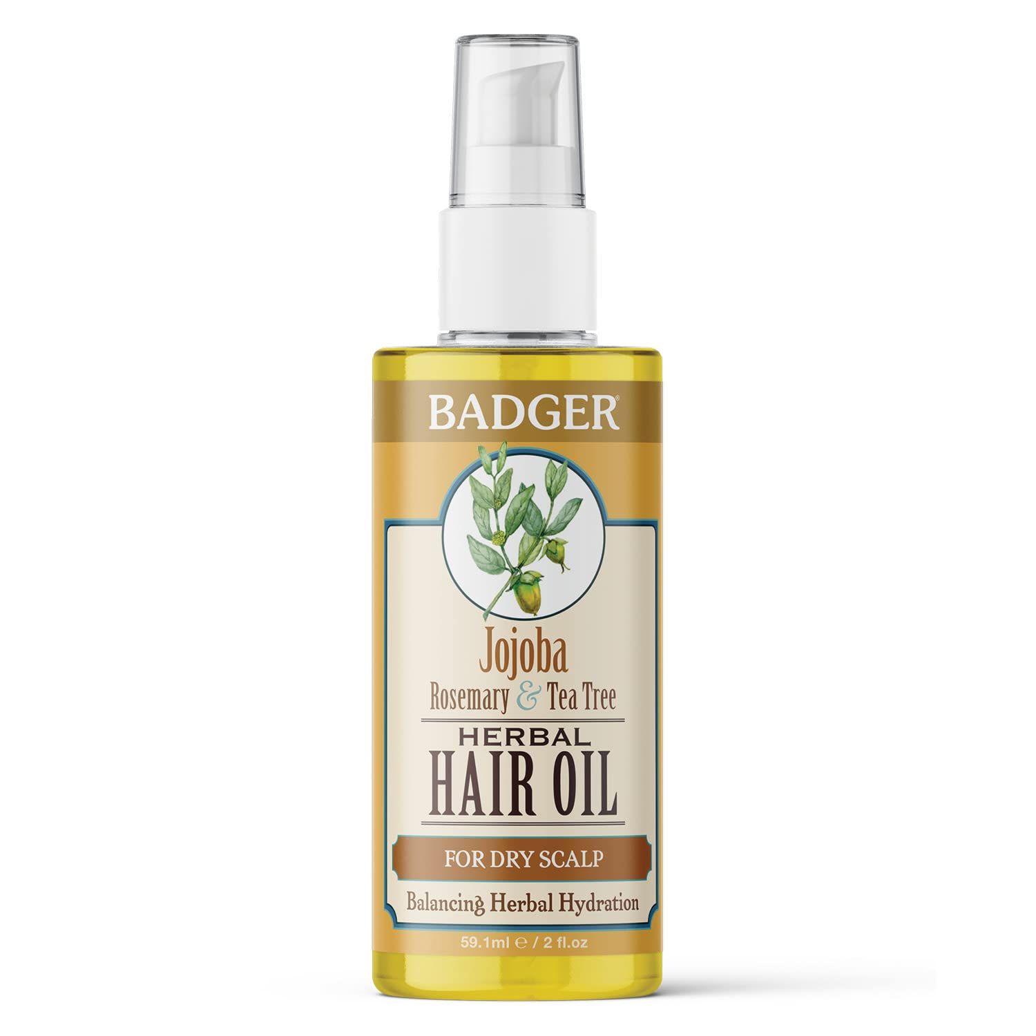 Badger Organic Jojoba Hair Oil &amp; Dry Scalp Treatment, Soothing &amp; Moisturizing Itchy Dry Scalp Oil, Rosemary Hair Oil, Organic Jojoba Oil Hair &amp; Scalp Moisturizer, 2 fl oz Glass Bottle