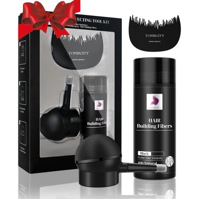 TOPIBUITY Hair Thickening Fibers &amp; Applicator Set - Natural Long-Lasting Concealer for Fuller Hair, Thicker Beard &amp; Crisp Hairlines (BLACK)
