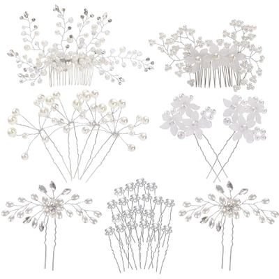 inSowni 30 Pack Silver Wedding Bridal Hair Side Combs+U Shaped Hair Pins Clips Barrettes Prom Hair Pieces Rhinestone Pearl Baby Breath White Flower Decorative Accessories for Women Girls Bridesmaids