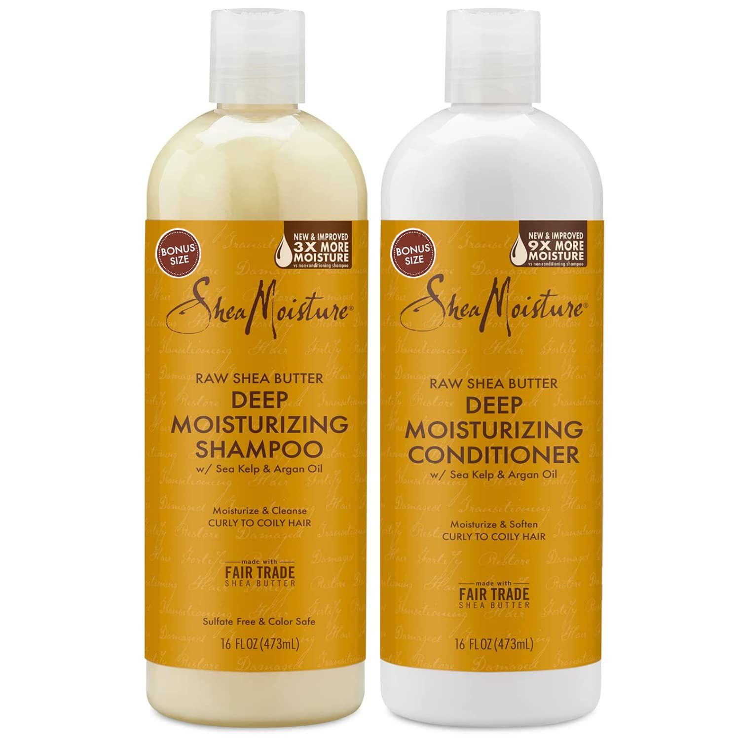 Shea Moisture Shampoo &amp; Conditioner Set - Raw Shea Butter Deep Moisturizing Formulas w/Sea Kelp &amp; Argan Oil for Coily, Curly Hair, Anti-Frizz, 16 Oz Ea