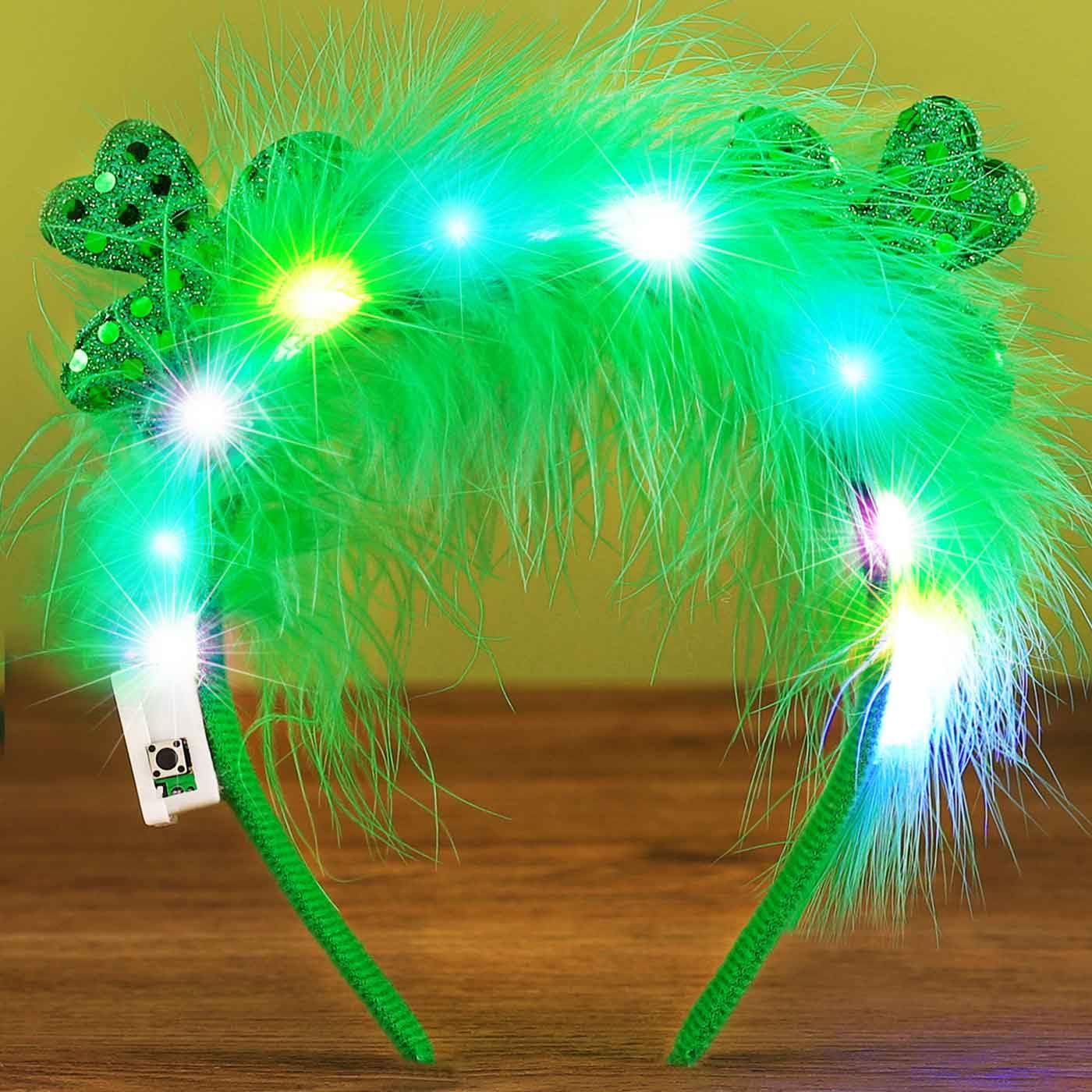 GORTIN St Patricks Day Headband Light up Shamrock Headpiece Green Feather Headwear St Patricks Daye Hair Accessory for Women and Girls