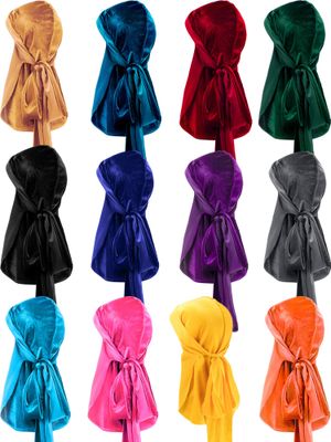 12 Pieces Velvet Durags Caps Wide Strap Headwraps Long Tail Turban Beanies for 360 Wave Men Women (Multicoloured)