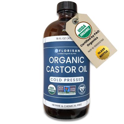 Florisan Organic Castor Oil, EWG Verified &amp; USDA Organic Certified, 16oz, Cold-Pressed, Hexane-Free, Non-GMO, For Hair, Skin, Lashes, Brows, 100% Pure Castor Oil