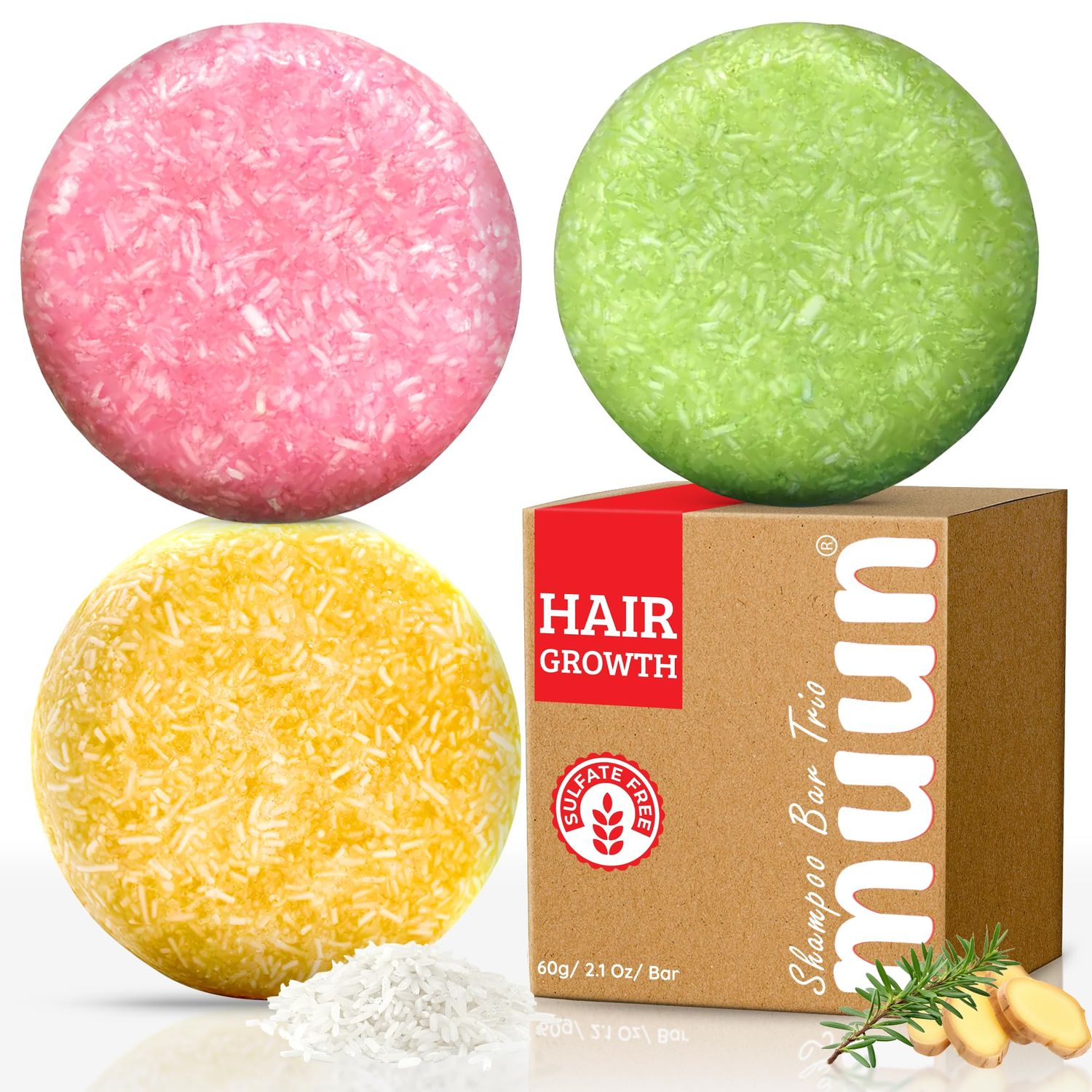 Muun Ginger Rosemary &amp; Rice Water Shampoo Bar Pack 3 - Hair Growth, Thickening, Strengthening, Anti Hair Loss, Volumize &amp; pH Balanced - Sulfate &amp; Silicone Free For All Hair Type