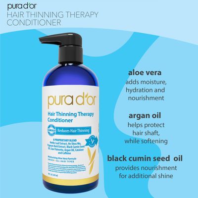 PURA D'OR 16 Oz Hair Thinning Therapy Biotin Conditioner, CLINICALLY TESTED Effective Results, Low Lather Deep Moisturizing Herbal Blend Hair Thickening Products For Women &amp; Men, Color Safe