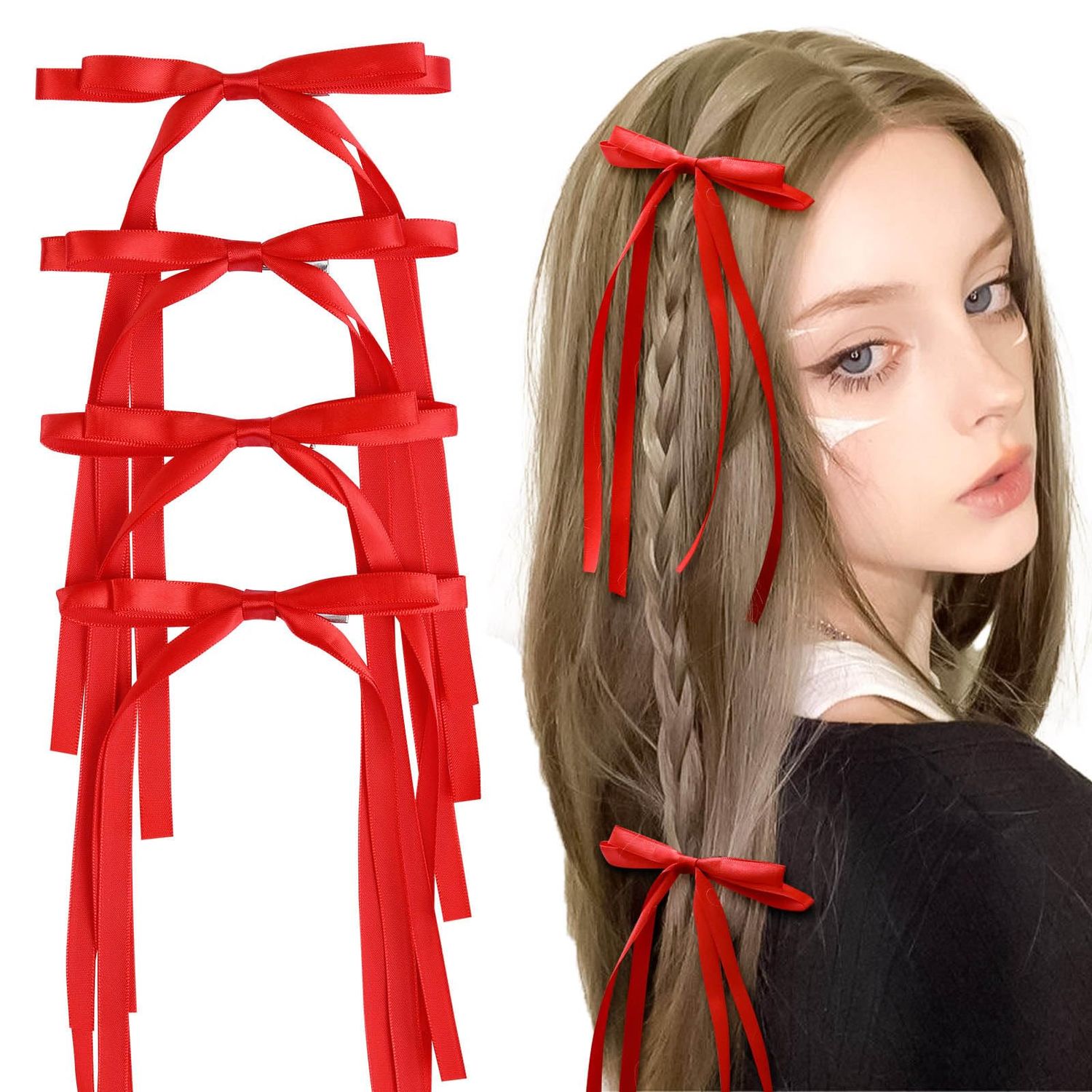 VOBOBE 4PCS Hair Bows for Women Girls, Red Tassel Ribbon Bowknot Hair Clips Barrettes for Girl with Long Tail, Solid Satin Hair Accessories (Red)