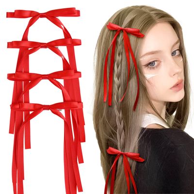 VOBOBE 4PCS Hair Bows for Women Girls, Red Tassel Ribbon Bowknot Hair Clips Barrettes for Girl with Long Tail, Solid Satin Hair Accessories (Red)