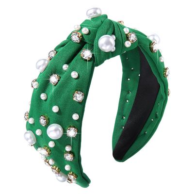 Pearl Knotted Green Headband for Women Pearl Rhinestone Crystal Jeweled Hairband Fashion Elegant Ladies Wide Top Knot Headband St Patricks Day Hair Accessories