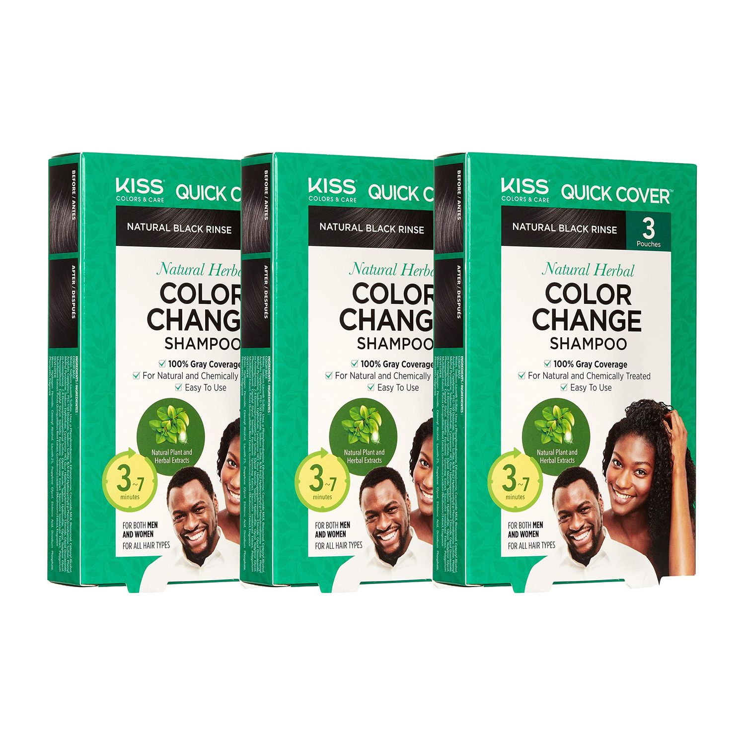 KISS Red Quick Cover Natural Herbal Color Change Shampoo 3 Pouches (3 PACK, Natural Black)