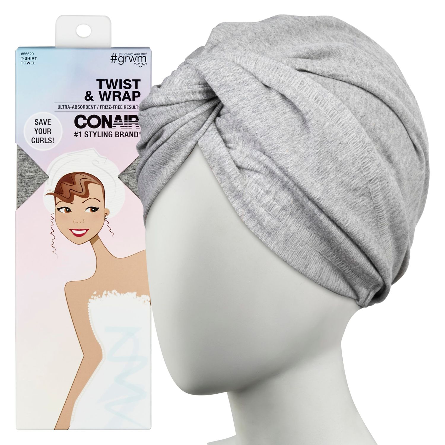 CONAIR Cotton Twist &amp; Wrap Hair Towel - Fast Drying Ultra absorbant Turban- for All Hair Types and Lengths - Grey
