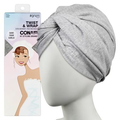 CONAIR Cotton Twist &amp; Wrap Hair Towel - Fast Drying Ultra absorbant Turban- for All Hair Types and Lengths - Grey