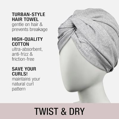 CONAIR Cotton Twist &amp; Wrap Hair Towel - Fast Drying Ultra absorbant Turban- for All Hair Types and Lengths - Grey