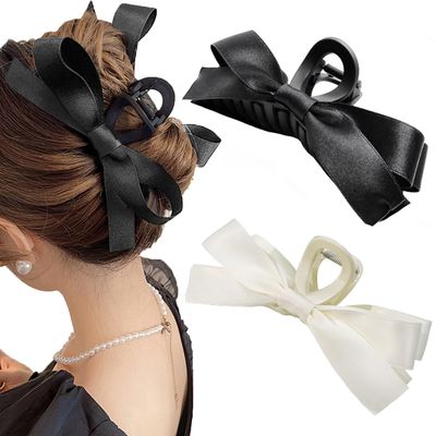Sizobi Bow Claw Clips, Bow Hair Clips White Hair Bows, Hair Accessories for Women, Extra Large Black Barrettes, Scrunchies for Thin Thick Curly Hair