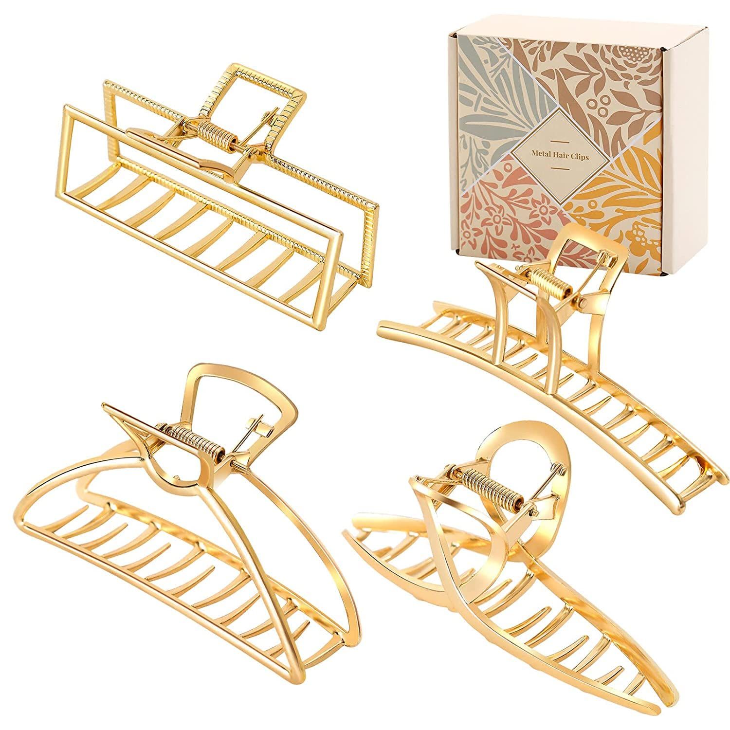 4 Pack Large Gold Hair Claw Clips for Women Thick Hair, French Design Metal Cross Banana Non-Slip Hair Catch Barrette Jaw Clamp Clips for Women and Girls